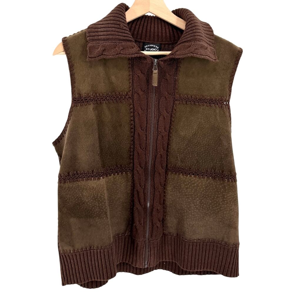 Vintage Y2K Designers Originals Brown Genuine Leather Cable Knit Patchwork Vest